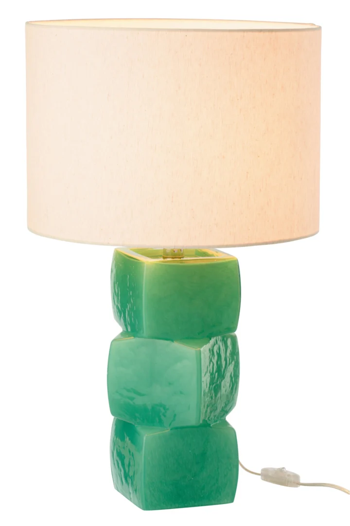 Tafellamp Flooltu van groen glas met linnen kap, elegante sfeerlamp voor dressoir of nachtkastje, H62 cm