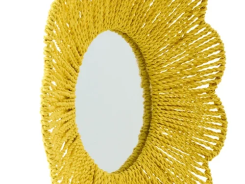 Spiegel Tours geel raffia wandspiegel met ronde vorm en organische bloemblaadjesrand, 50 x 50 cm