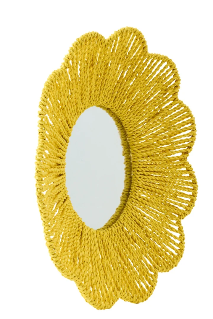 Spiegel Tours geel raffia wandspiegel met ronde vorm en organische bloemblaadjesrand, 50 x 50 cm