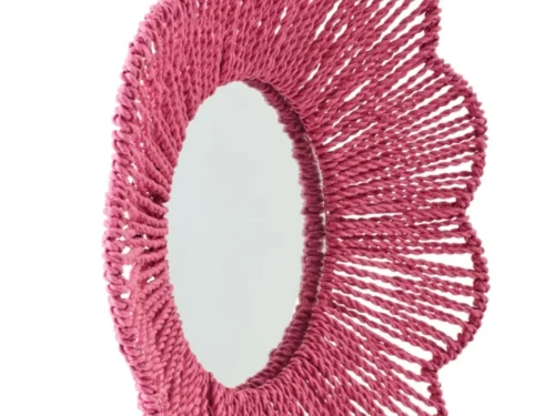 Spiegel Flerdand Roze 50x10 cm met handgevlochten raffia rand en warme donkerroze uitstraling