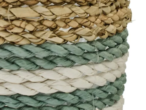 Dolura bloempotset van zeegras en raffia, naturel met groen-witte strepen en gevlochten structuur, set van 3