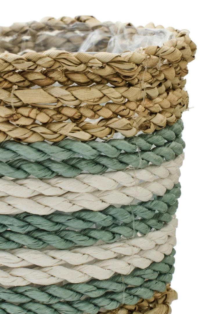 Dolura bloempotset van zeegras en raffia, naturel met groen-witte strepen en gevlochten structuur, set van 3
