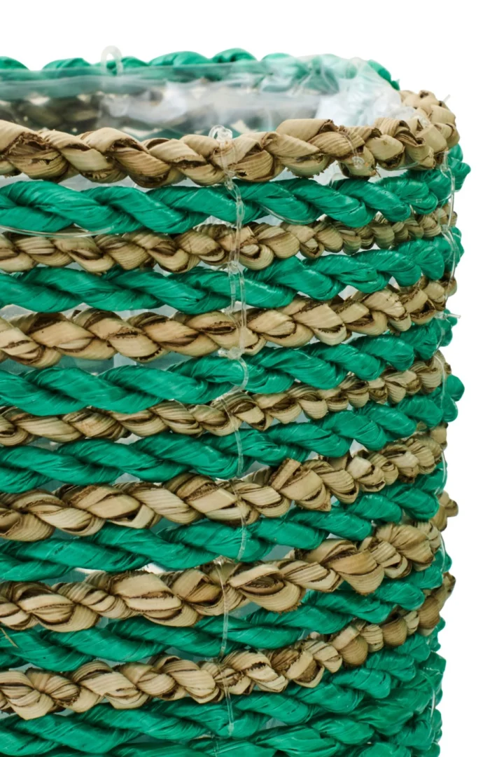 Bloempot Naammol set van 3 van raffia en zeegras, groen-naturel, handgevlochten met gestreepte afwerking