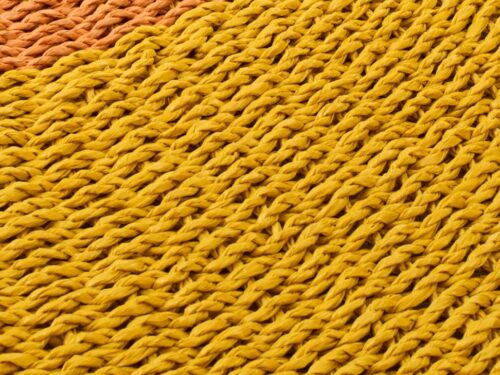 Vloerkleed Hierdor geel raffia met warme geel-donkeroranje strepen, 150 x 150 cm