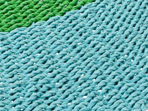 Vloerkleed Fausor Blauw 150x150 cm, geweven raffia met groen-blauwe strepen en natuurlijke textuur