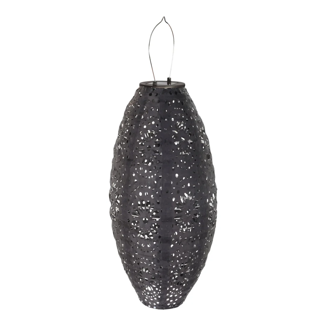 Grijs Windlicht Preintena van polyester en staal, H40 cm, met decoratieve perforaties en handgreep