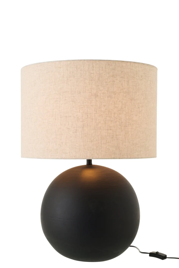 Tafellamp Geeltine met zwarte keramische basis, beige kap en moderne ronde vorm, H62 cm