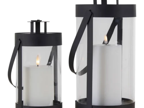 Zwarte Triedi windlichten van staal en glas, set van 2, met kaarslicht en handgreep, H24 cm