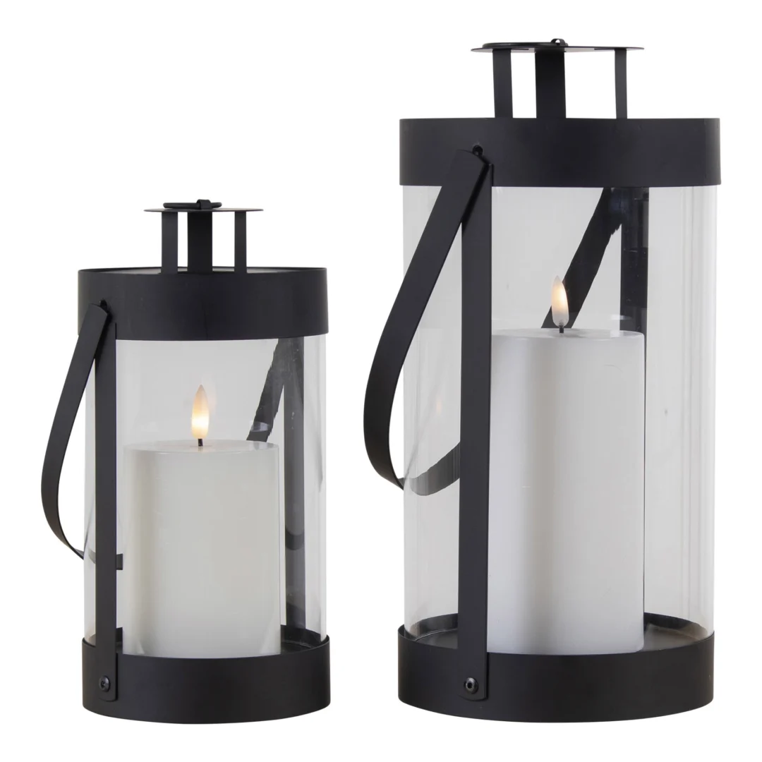 Zwarte Triedi windlichten van staal en glas, set van 2, met kaarslicht en handgreep, H24 cm