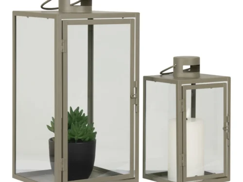 Set van 2 groene Breemmira windlichten van staal en glas, in twee hoogtes met kaars en plantenpot binnenin