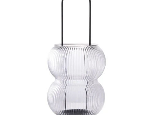 Windlicht Gasso zwart metaal en geribbeld glas, 36 cm hoog, met elegante handgreep