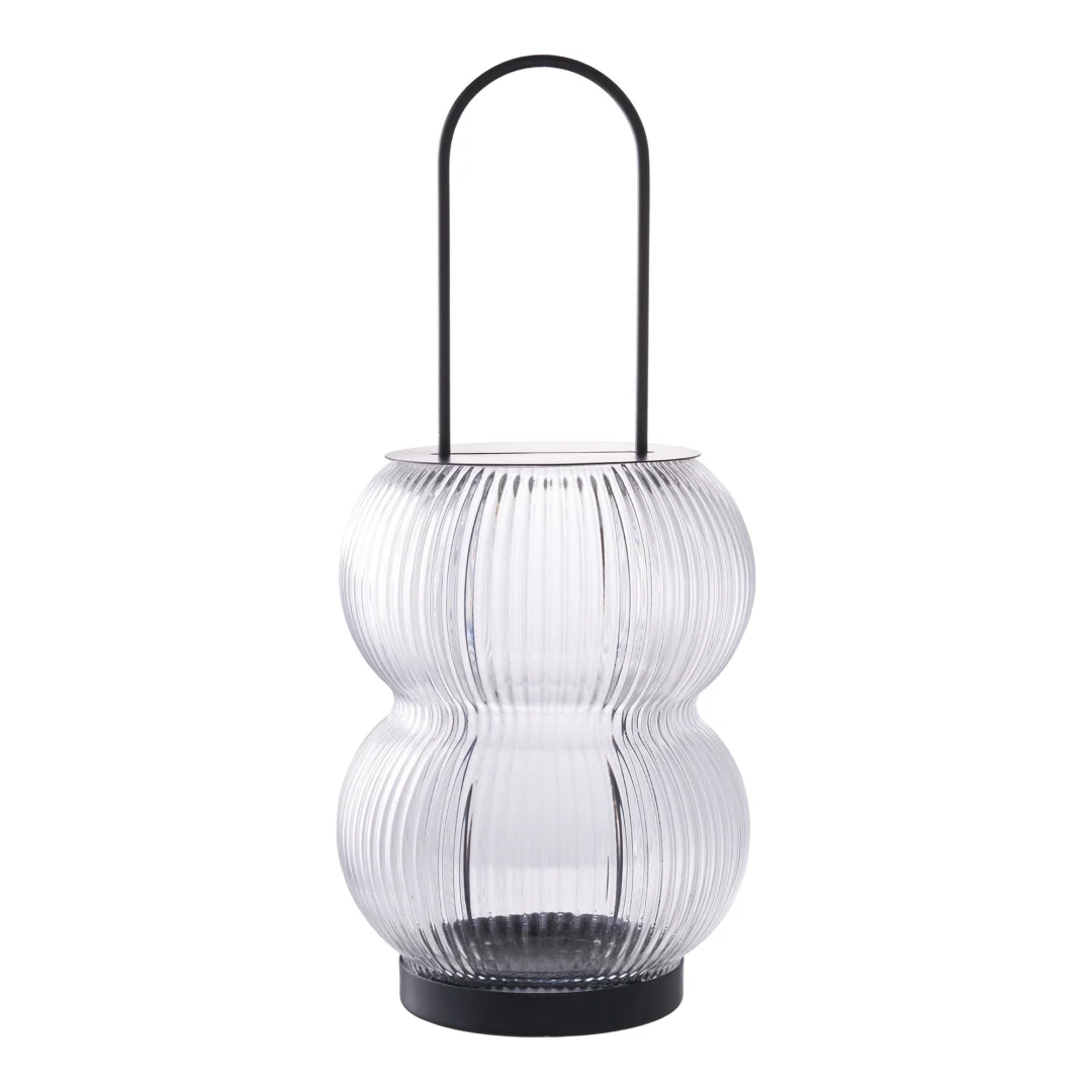 Windlicht Gasso zwart metaal en geribbeld glas, 36 cm hoog, met elegante handgreep