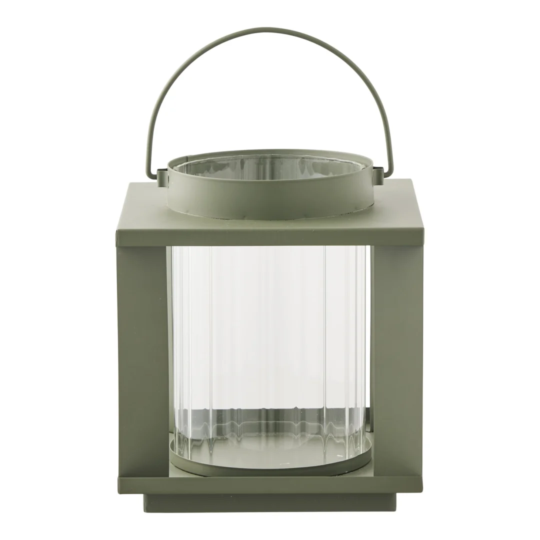 Groen Windlicht Slibena van glas en metaal met handgreep, strak en sfeervol voor binnen of terras