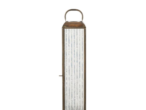 Windlicht Ninan van glas en antiek messing, slank 49 cm hoog met handgreep