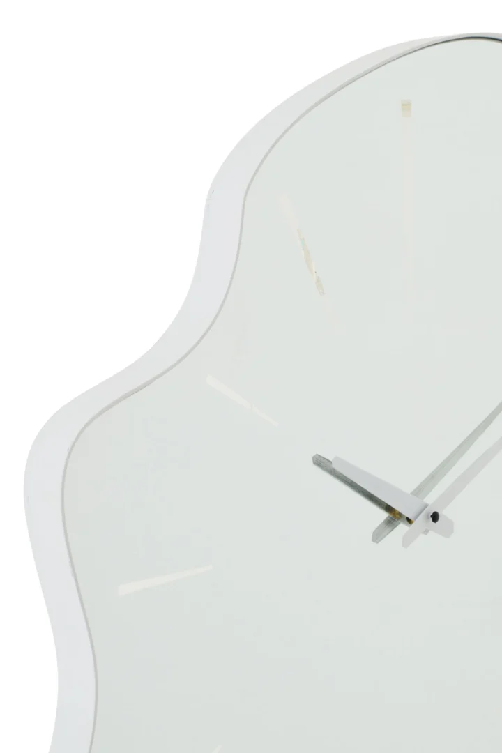 Wandklok Boormino Wit met onregelmatige vorm, wit glas en slank metalen frame
