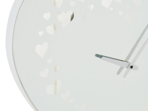 Wandklok Hoolder wit glas met hartjesprint en strakke witte wijzers, stijlvol wandaccessoire