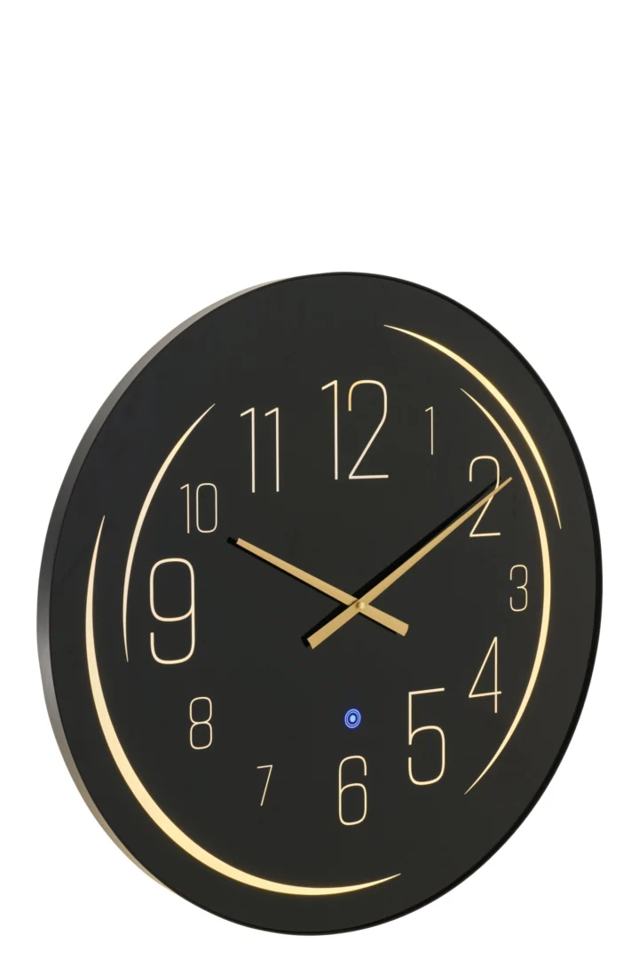 Wandklok Sloornis zwart met glasfront, gele LED-verlichting en modern groot rond design