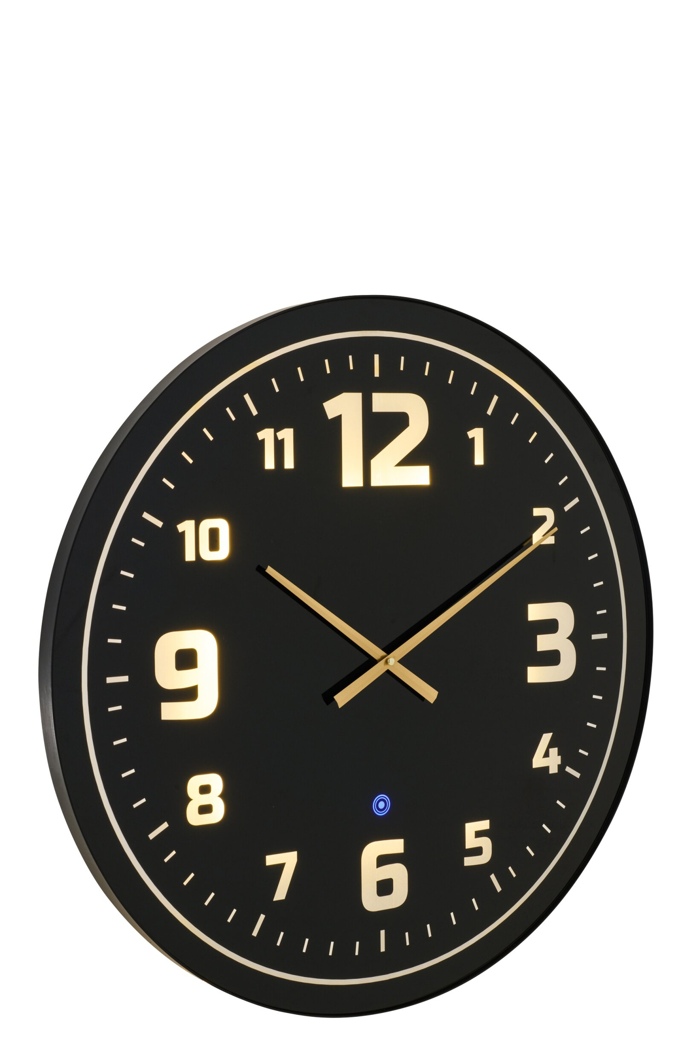 Wandklok Joorio Zwart met zwart frame, glazen front en gele LED-verlichting, moderne wanddecoratie