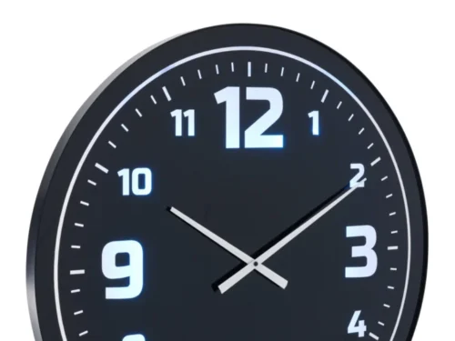 Wandklok Giekane Zwart met zwart glas, blauwe LED-verlichting en groot 70 cm formaat