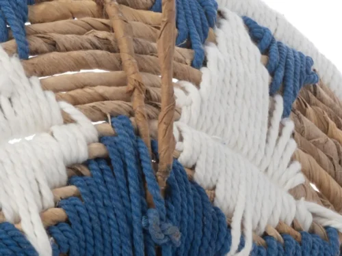 Wanddecoratie Faunda Blauw set van 3 met geweven bananentwijg en blauw-witte accenten, natuurlijke structuur