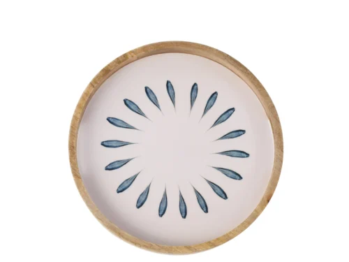 Rond Dienblad Skoornaro mangohout blauw-wit met decoratief patroon en glazuurafwerking