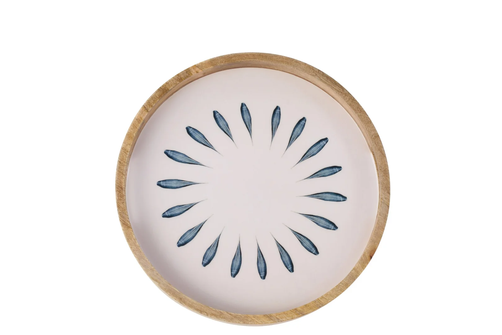 Rond Dienblad Skoornaro mangohout blauw-wit met decoratief patroon en glazuurafwerking