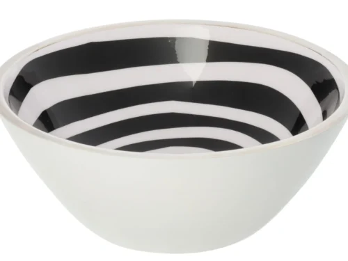Kom Greinon mangohout zwart-wit met gestreept glazuur, grote decoratieve woonkom 30 cm