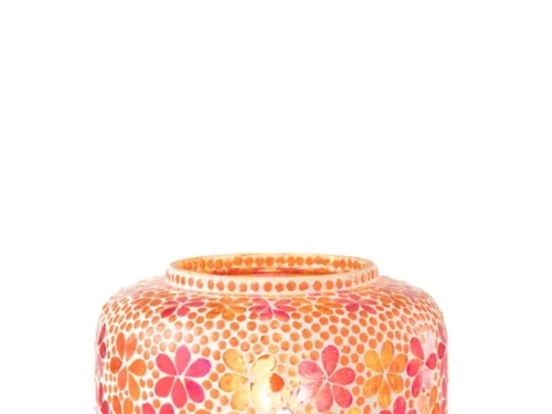 Tafellamp Seitesta glas met mozaïekbloemen in roze en oranje tinten, compacte sfeerlamp met snoer