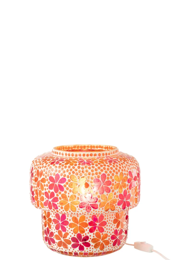 Tafellamp Seitesta glas met mozaïekbloemen in roze en oranje tinten, compacte sfeerlamp met snoer
