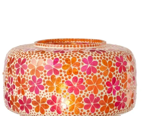Tafellamp Zaragoza van mozaïekglas in donkerroze en oranje, met speels bloemmotief en E27-fitting