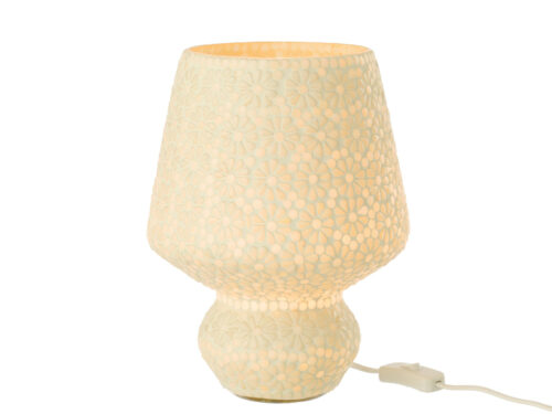 Tafellamp Sooba glas H30 cm met wit mozaïekglas, bloemmotief en snoer voor zacht warm licht