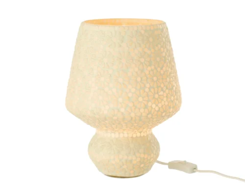 Tafellamp Sooba glas H30 cm met wit mozaïekglas, bloemmotief en snoer voor zacht warm licht