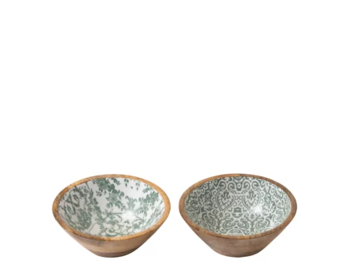 Kom Grardio mangohout groen set van 2 met decoratief patroon en warme houten afwerking