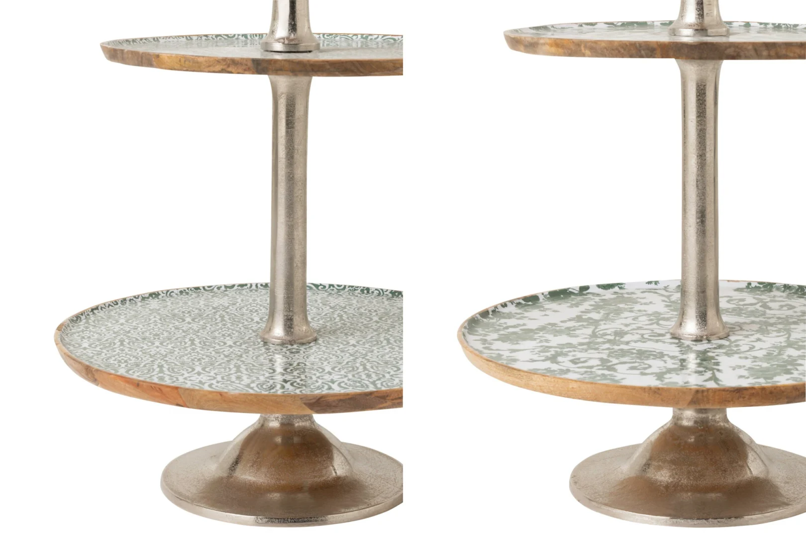 Dossek set van 2 groene woonaccessoires van mangohout en aluminium met drie niveaus en decoratief patroon