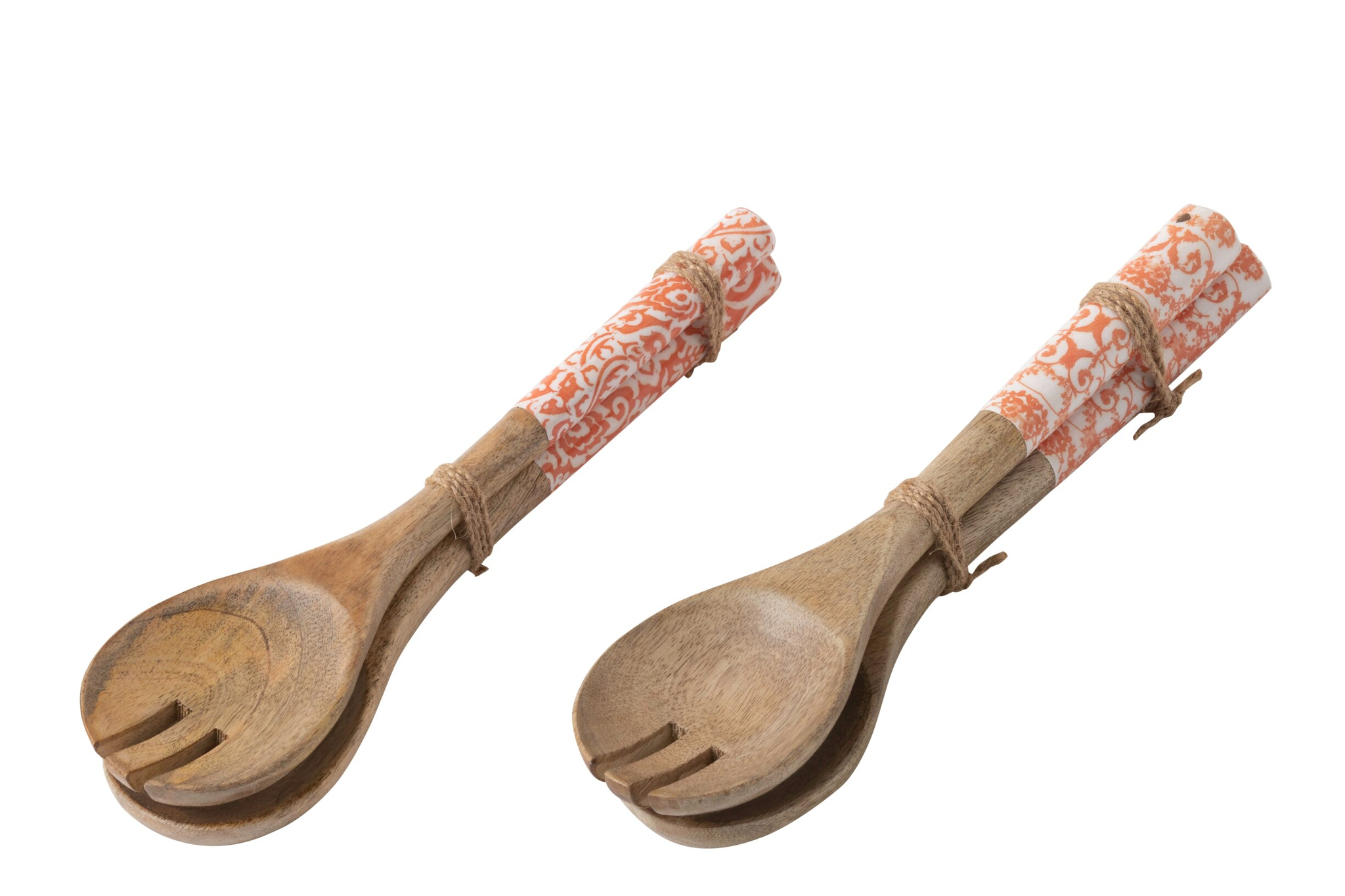 Tirdak woonaccessoires set van 2 in mangohout met oranje patroon en touwdetail