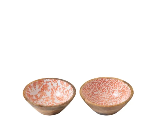 Kom Kaulto mangohout oranje set van 2 met handgesneden hout en decoratieve binnenkant