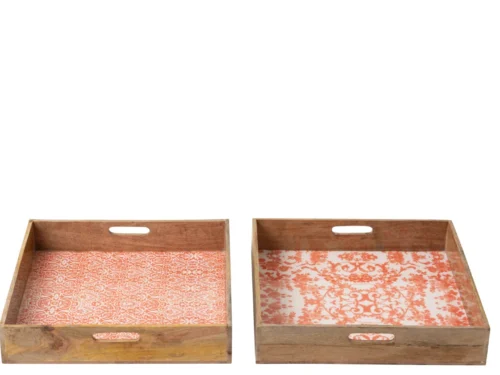 Set van 2 Preisak dienbladen van mangohout met oranje wit patroon en handgrepen