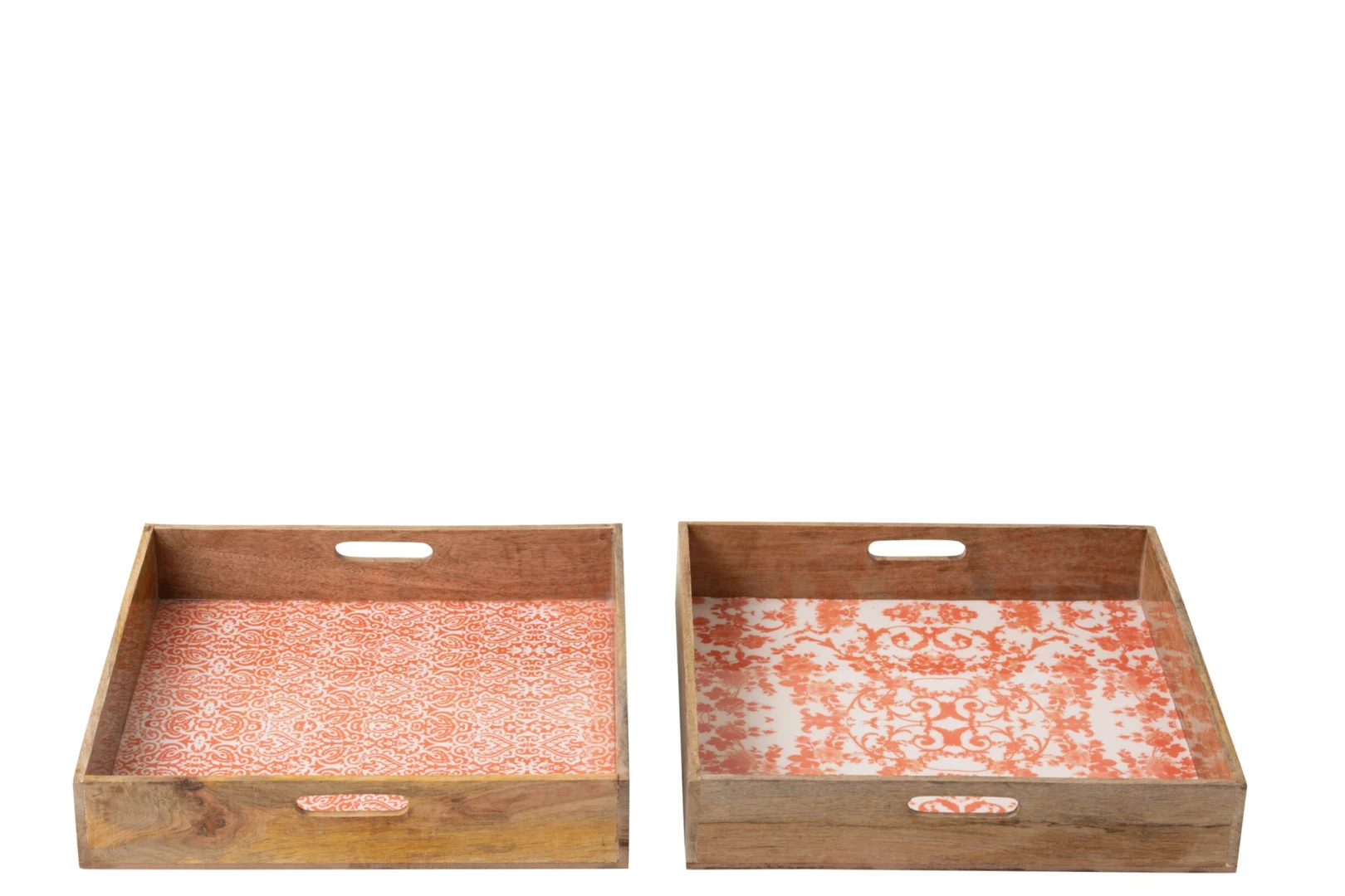 Set van 2 Preisak dienbladen van mangohout met oranje wit patroon en handgrepen