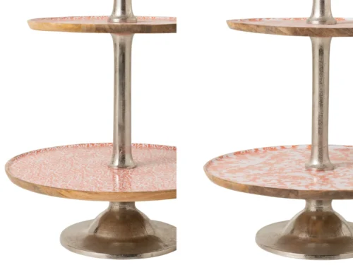 Woonaccessoire Nuldon serveerstatieven set van 2, mangohout met oranje-witte afwerking en aluminium voet