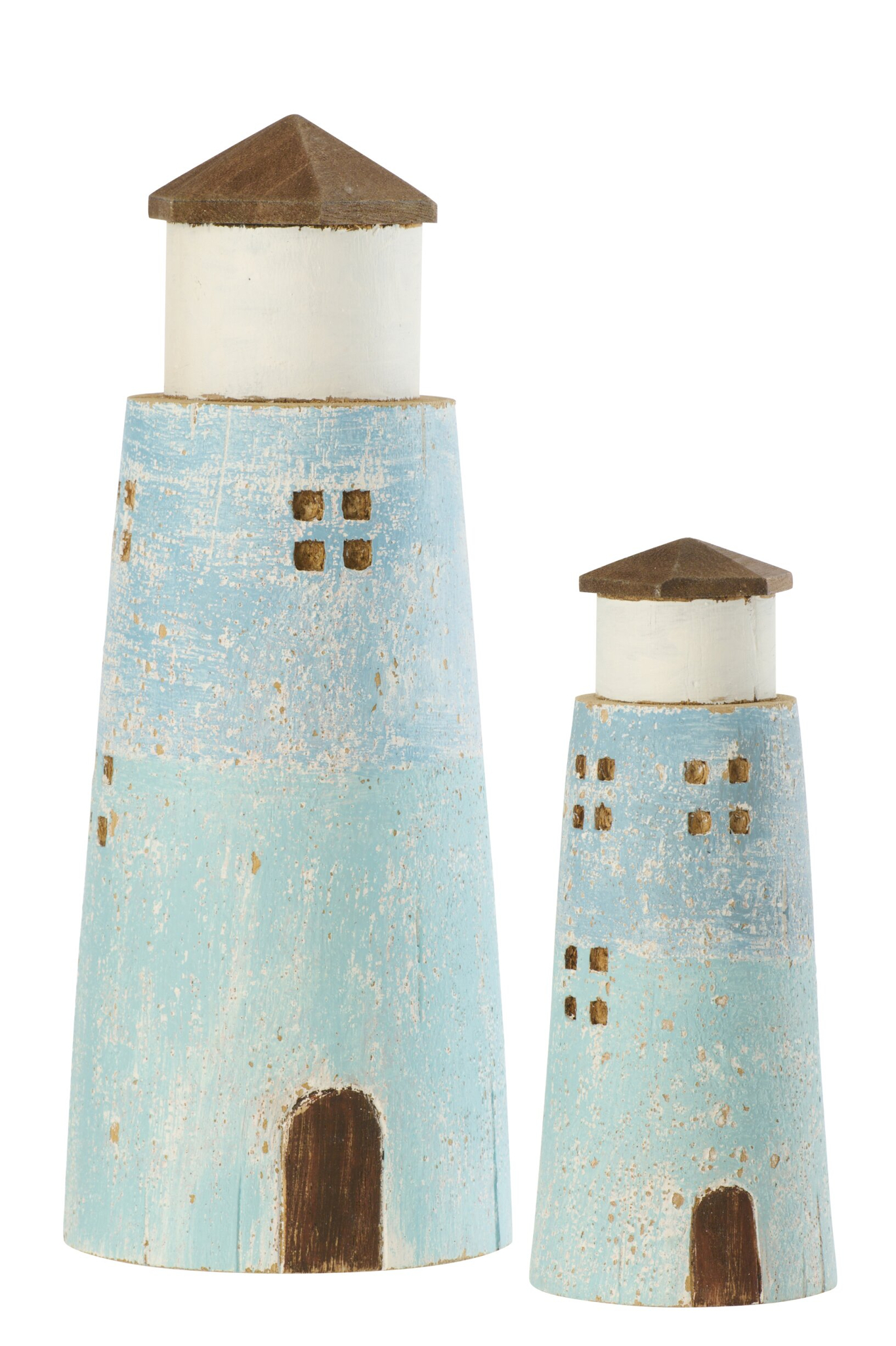 Woonaccessoire Stuskek vuurtoren van paulowniahout naturel, slank decoratief object in lichtblauw en wit, set van 2 maten