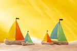 Modelschip Faasonte Hout Meerkleurig, set van 2 zeilboten van paulowniahout en ijzer met speelse kleuren