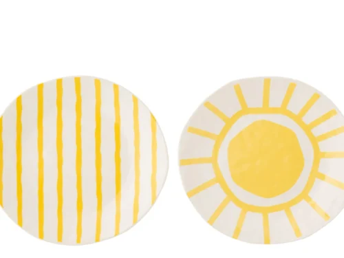 Bord Jantello Dolomiet Wit set van 2 met geel gestreept en zonnestraal dessin, 28 cm groot