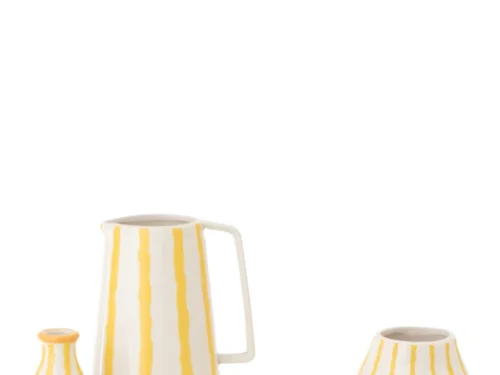 Dolomietkan Tritond wit met gele strepen, decoratieve karaf van 100% dolomiet voor een frisse, speelse look