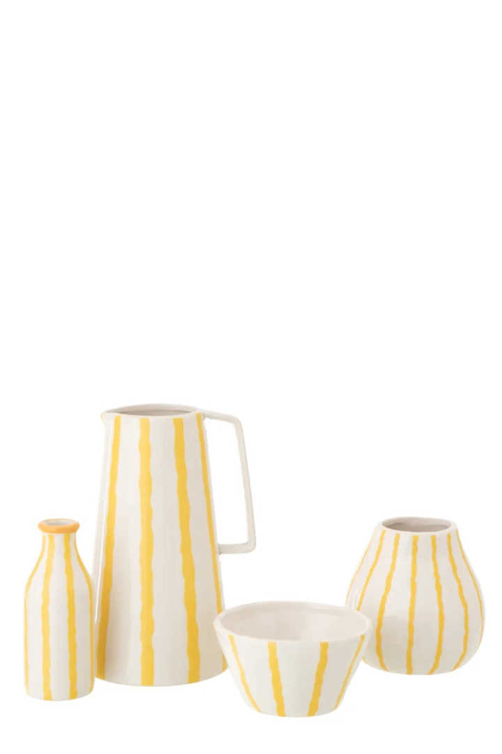 Dolomietkan Tritond wit met gele strepen, decoratieve karaf van 100% dolomiet voor een frisse, speelse look