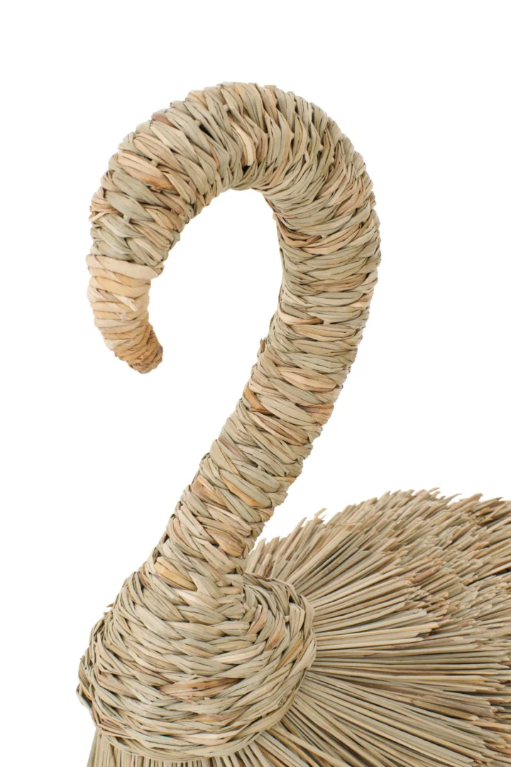 Decoratiefiguur Kliton van naturel gras en ijzer, sierlijke flamingo met hoge hals en stevige basis, 125 cm