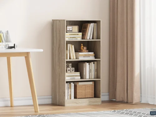 Boekenkast Skeirroro 55 cm in eikenlook, compact model met 4 vakken voor boeken en woonaccessoires