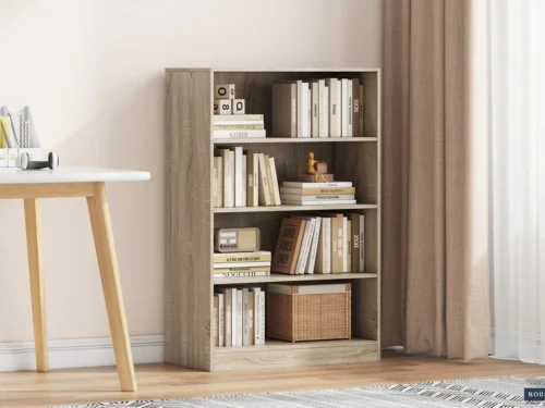 Boekenkast Vuvan 72 cm in houtlook met open vakken, gevuld met boeken en woonaccessoires