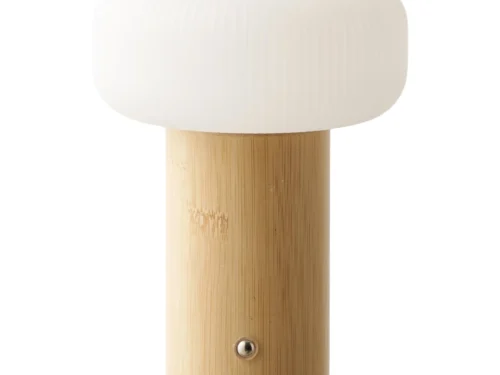 Tafellamp Maunse bamboe naturel/wit met ronde witte kap en compact design H18 cm