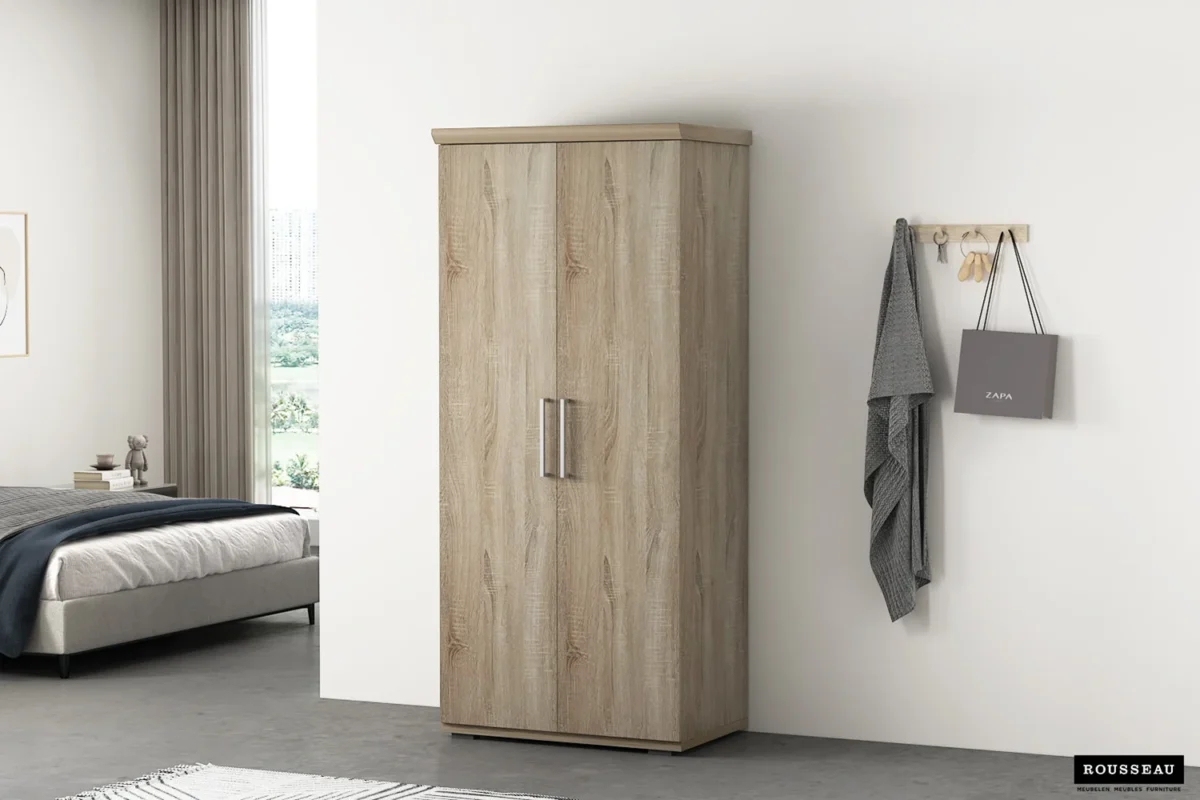 Kledingkast Teirresta 80 cm in houtlook met dubbele deuren en metalen handgrepen