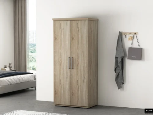 Kledingkast Teirresta 80 cm in houtlook met dubbele deuren en metalen handgrepen
